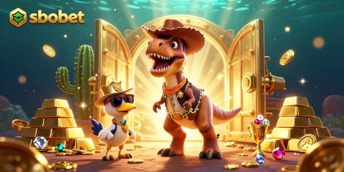 Bet on sbobet with exciting adventures in dynamic 3D illustration featuring a cowboy T-Rex and gems