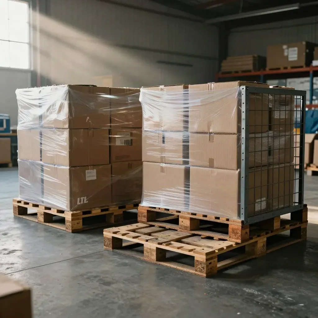 Two shrink-wrapped mixed pallets and a pallet cage staged in a quiet warehouse aisle.