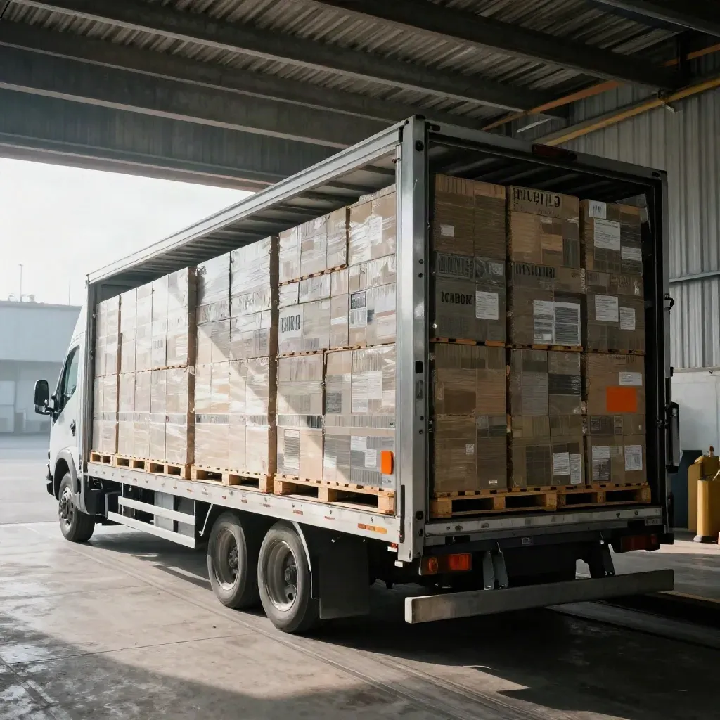 Dry van loaded with boxed freight at a dock leveler in cool warehouse haze.