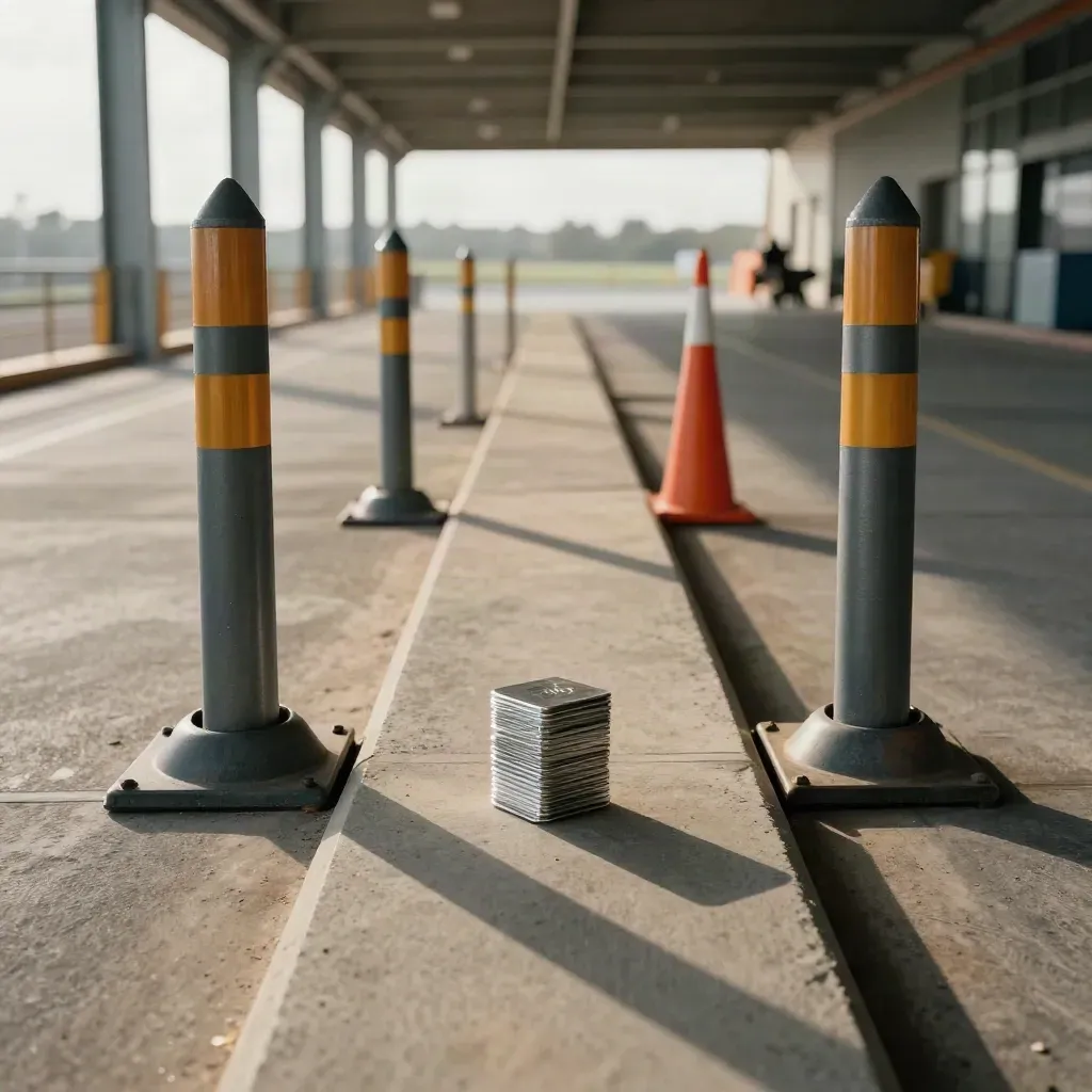 Sunlit freight lane markers and orange dock cones guide a chosen route on a concrete ledge.