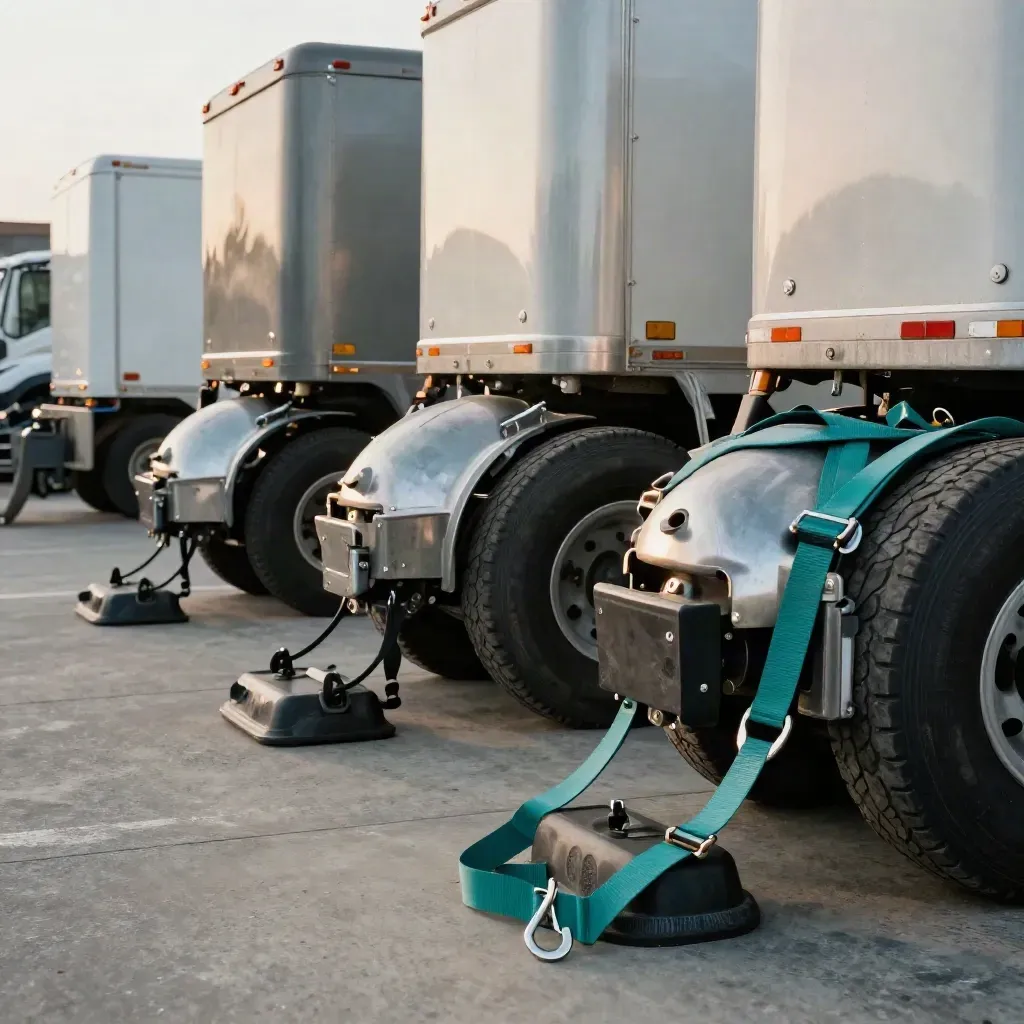 Three truck noses with chocks and straps in a freight yard, sorted for the right match