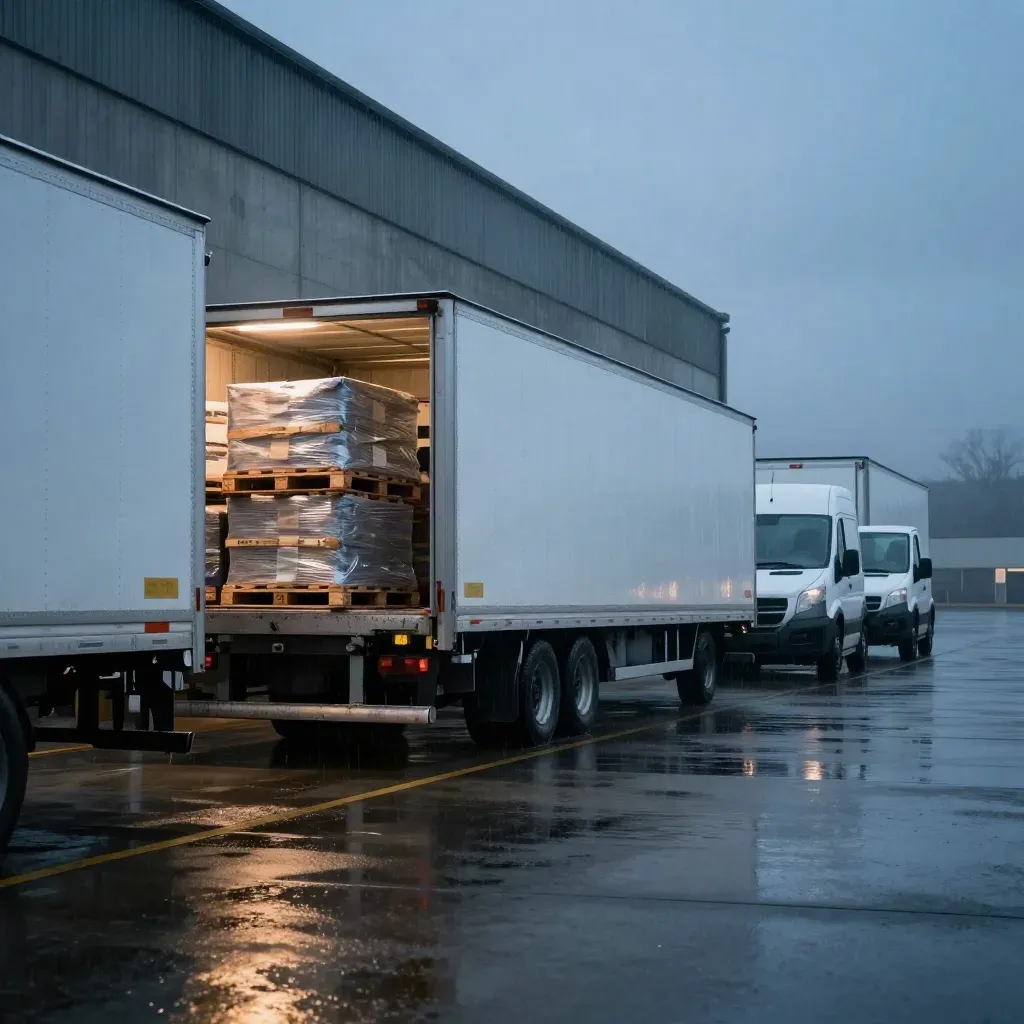 Blue-hour cross-dock with three white trailers, pallets, and wet concrete after rain.