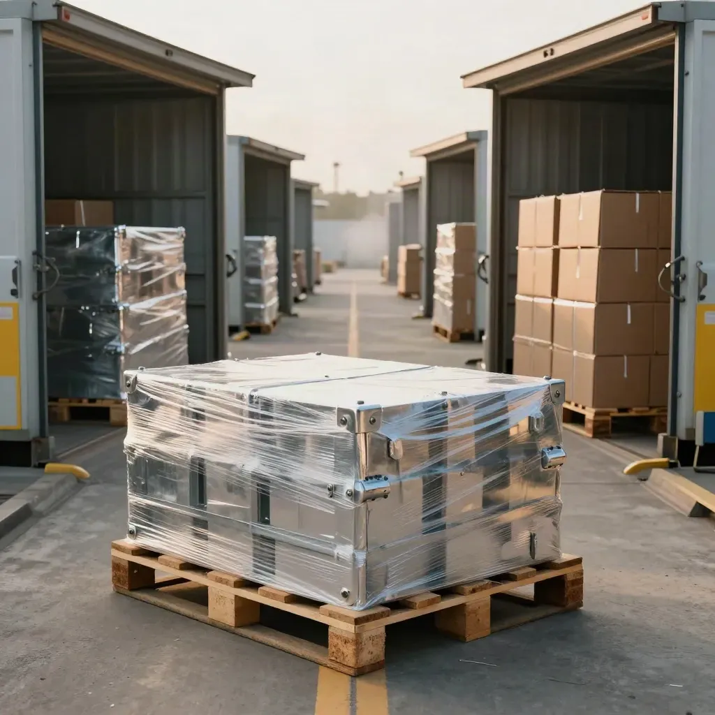 Engine parts staged across three dock bays in a sunlit freight plant shipping lane.