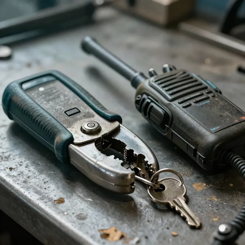 Macro of freight ops tools on a scarred workbench under cool haze and teal light.