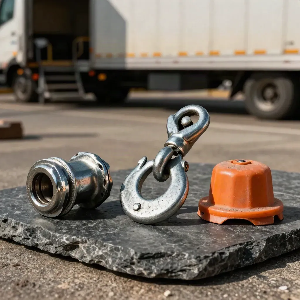 Truck coupling hardware on dark stone in a dramatic freight workshop still life.