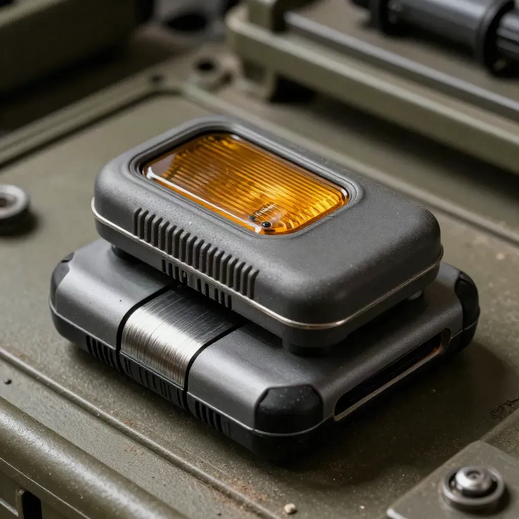 Overhead macro of freight tracking devices stacked on a dusty olive cargo surface.