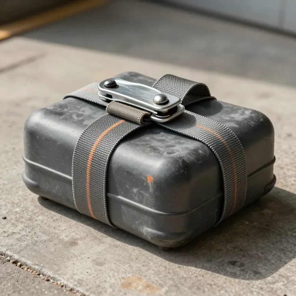 Dock seal, cargo strap, clip, and corner protector on concrete in warm side light.