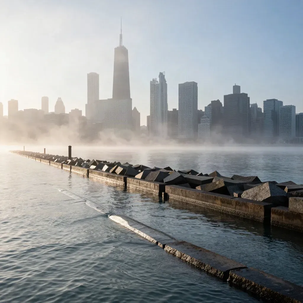 Chicago skyline above a misty lakefront breakwater and steel channel at dawn