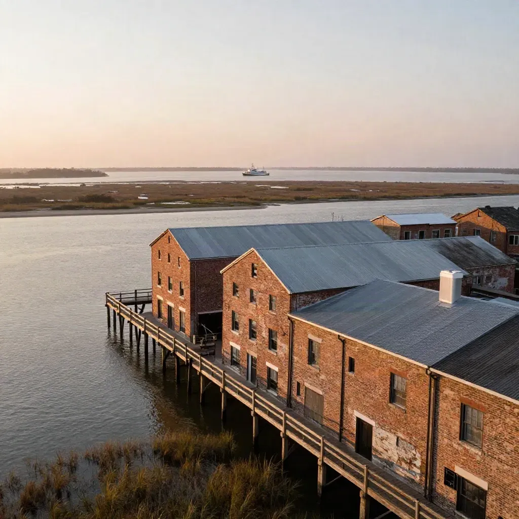 Savannah riverfront warehouses above a hazy marsh at peach sunset