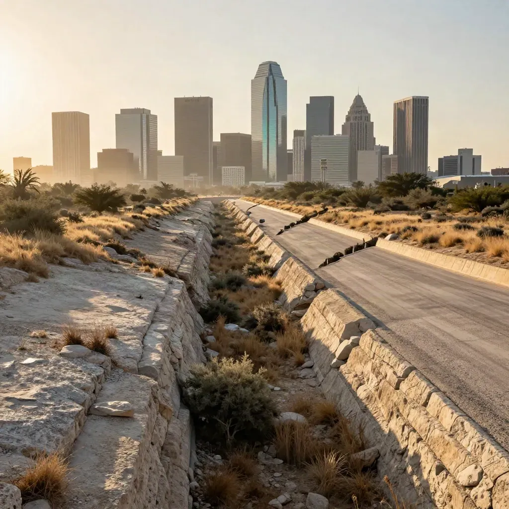 Dallas skyline over a hazy limestone cut and mesquite plain at sunrise