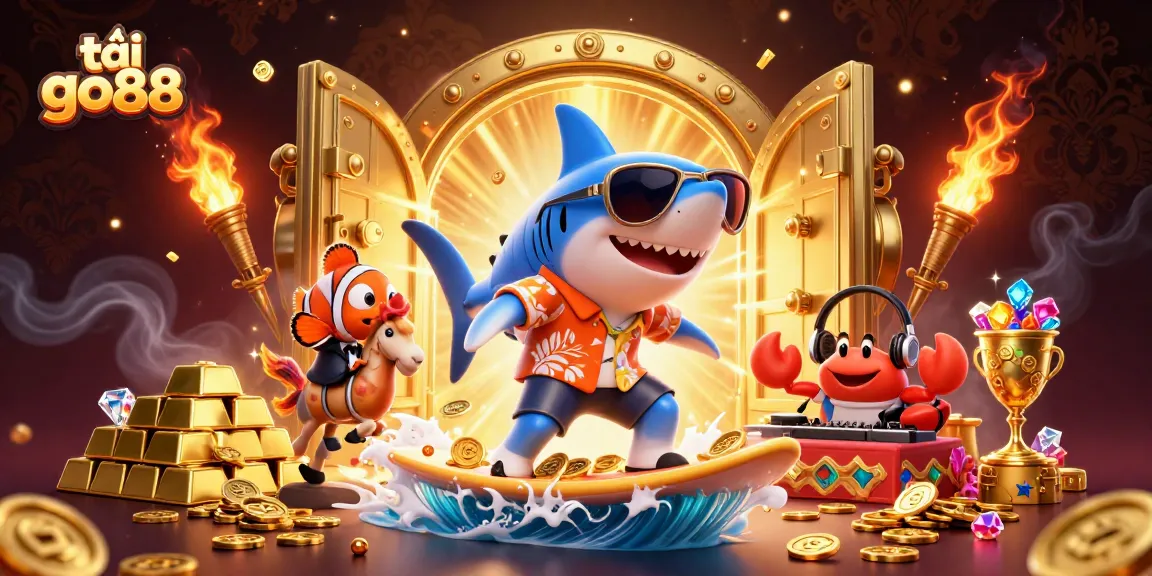 Engage with tải go88 casino gaming as a shark surfs on gold coins, surrounded by vibrant treasures.