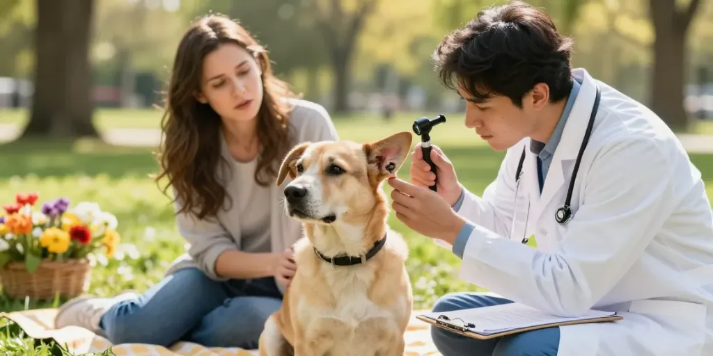 Veterinarian examining a dog's ear with skin tags on a dog's ear in a sunny park, showcasing care and concern.