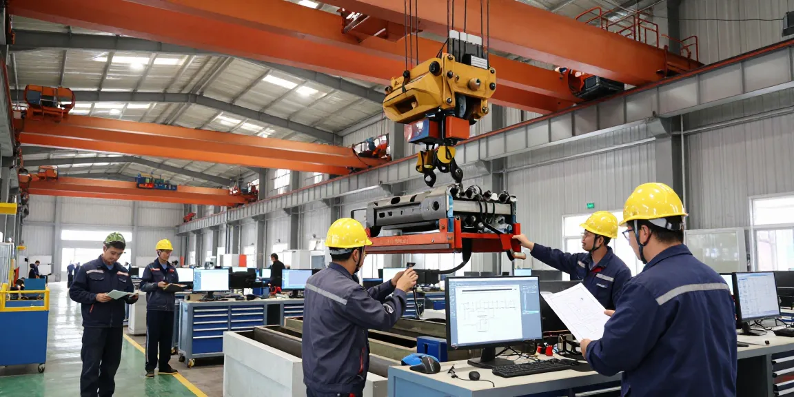 Engineers assembling a double girder overhead crane, showcasing capabilities as an industrial crane manufacturer China.
