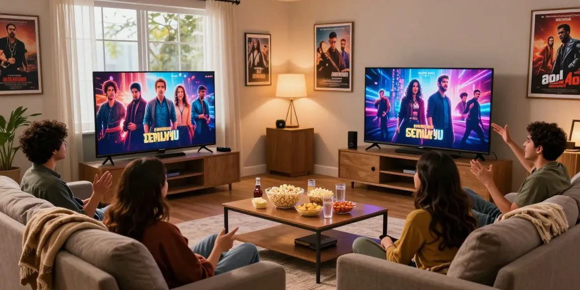 Friends enjoying bolly 4u movie night in a cozy living room with snacks.
