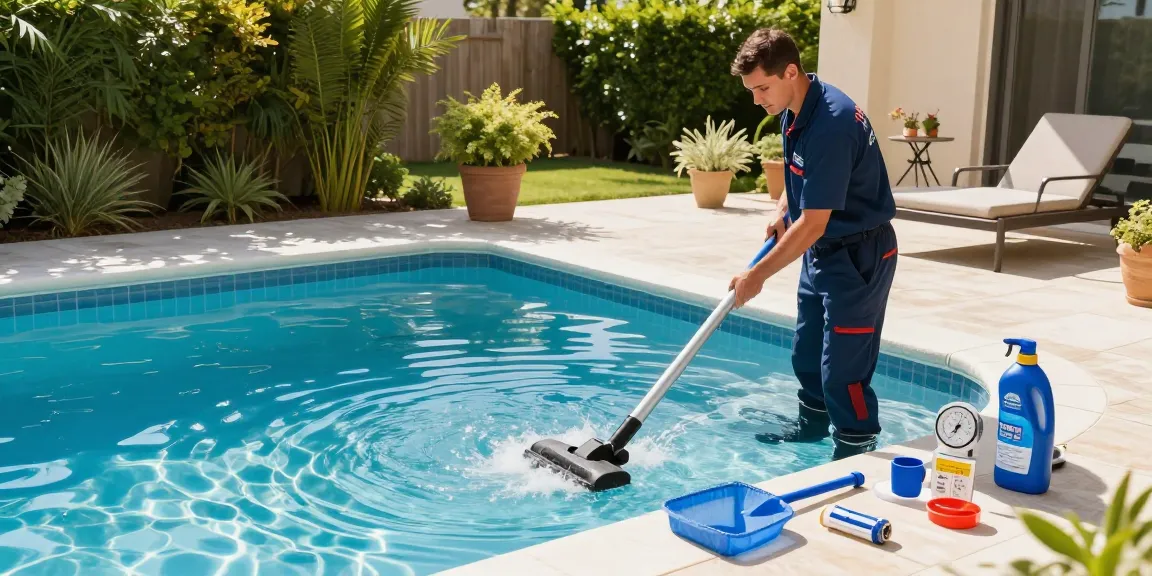 Professional servis bazena in a backyard pool with technician cleaning and checking water quality.