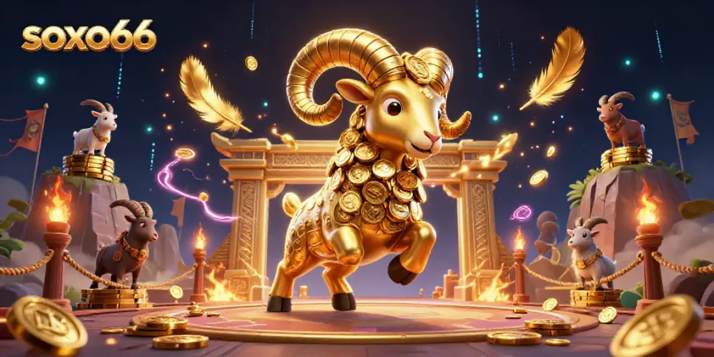 Experience thrilling gaming action with a golden ram charging, showcasing soxo66's vibrant casino atmosphere.