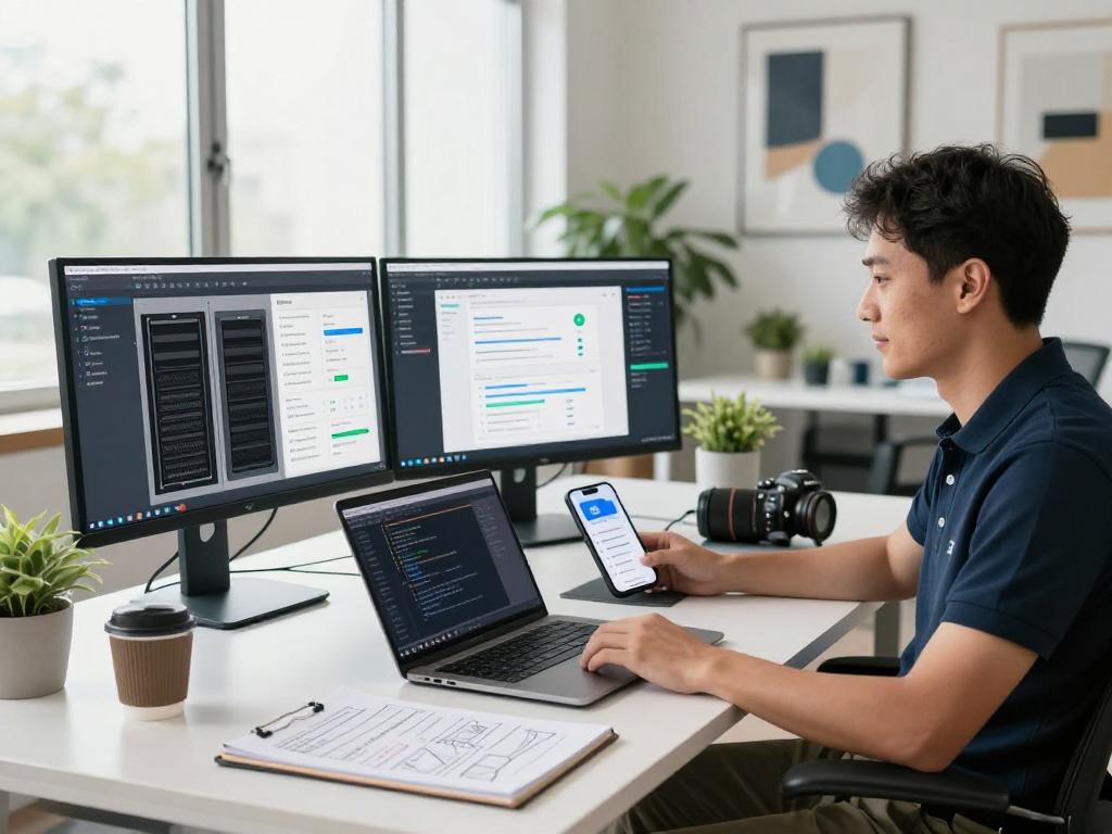 Showcasing web hosting in Mexico, a professional managing servers and analytics in a modern office.