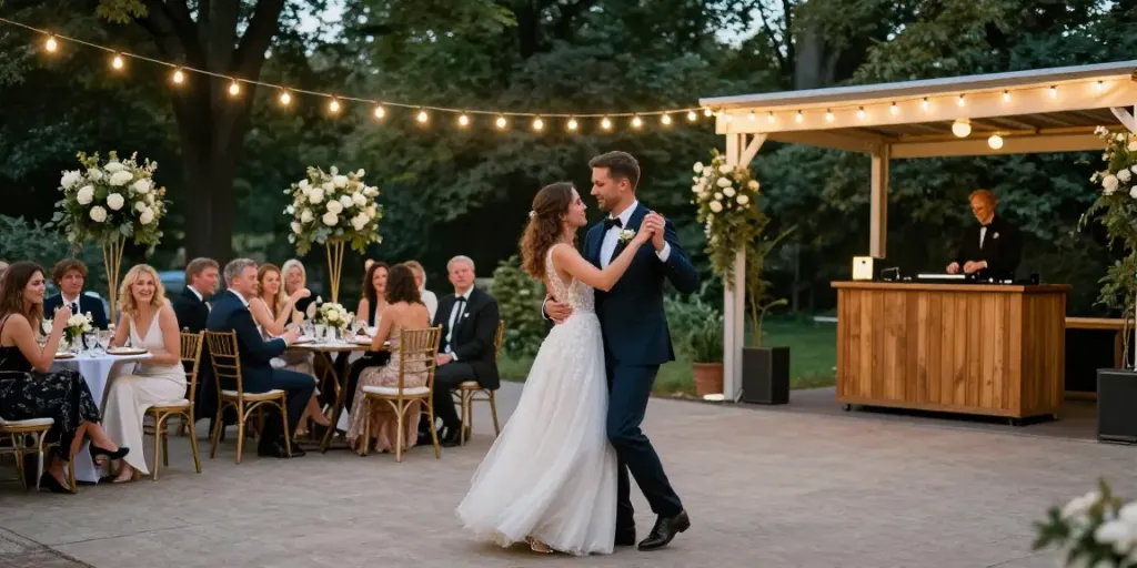 Hochzeit DJ Berlin Brandenburg bei einer Feier im Freien mit tanzendem Paar und festlichem Ambiente.