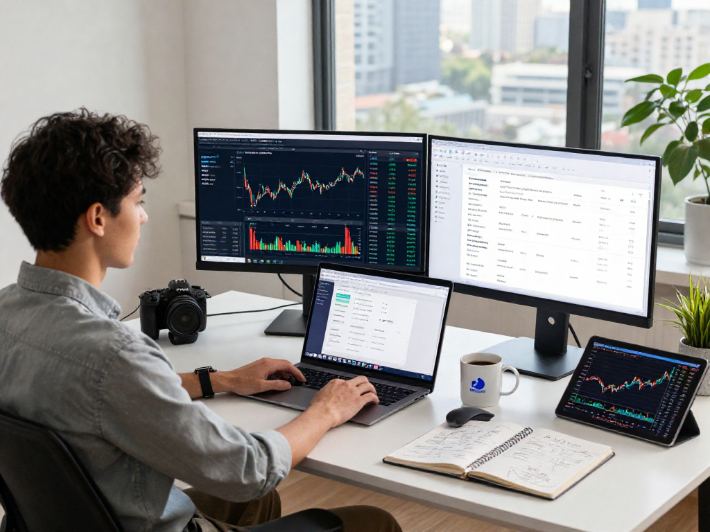 Dynamic fintech workspace with HKEX stock data feed visualization on screens, developer engaged in coding.