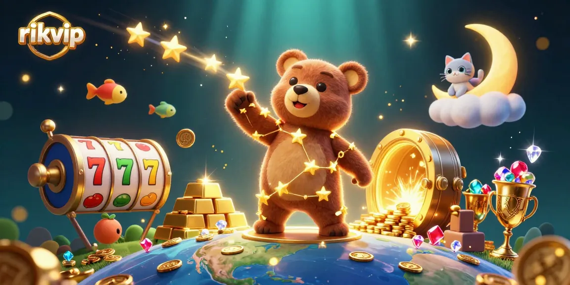 Experience the excitement of rikvip as a star bear collects coins amidst vibrant slot symbols.