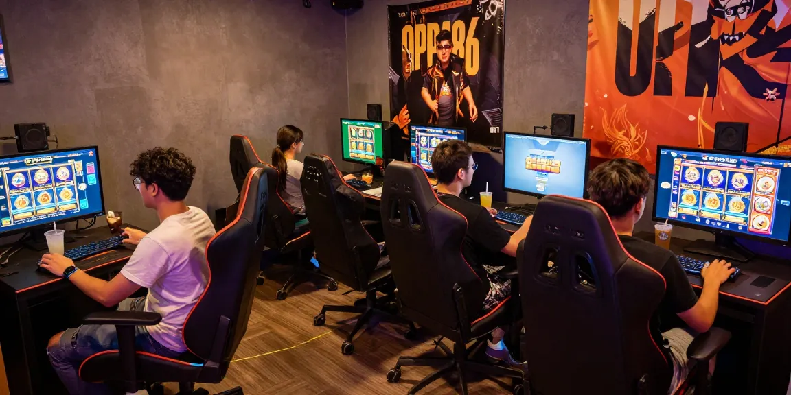 Enjoying thrilling games at OPPA86 with friends in an inviting gaming lounge
