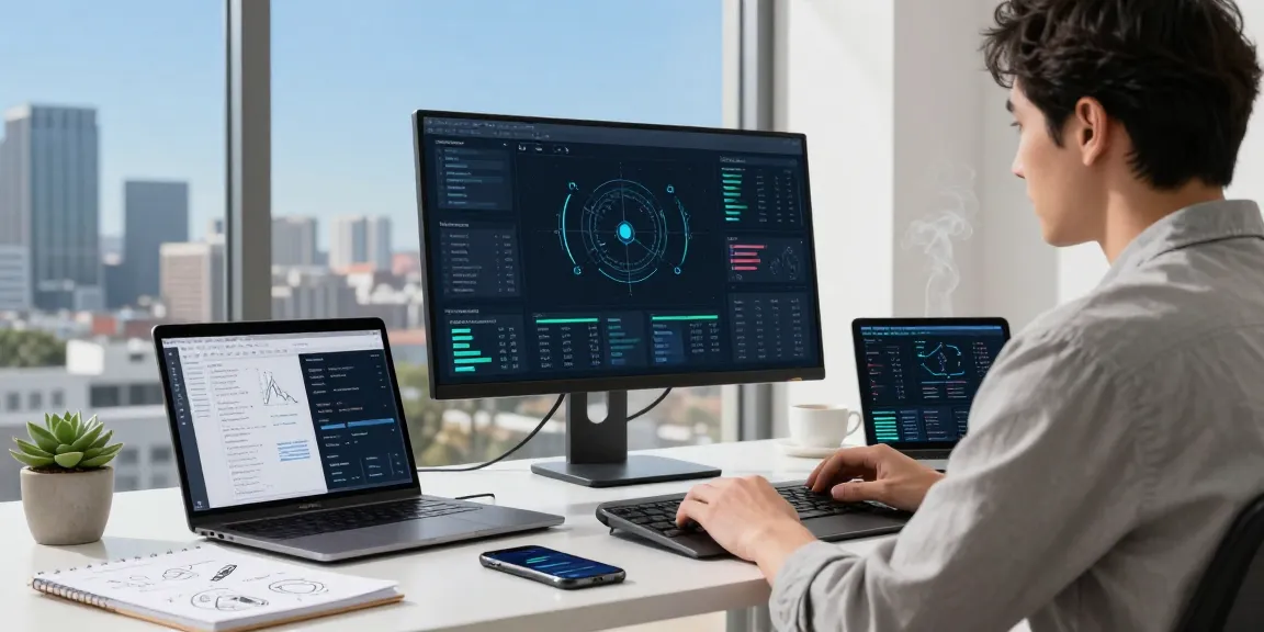 AI detector in a modern workspace analyzing data, showcasing high-tech professional environment.