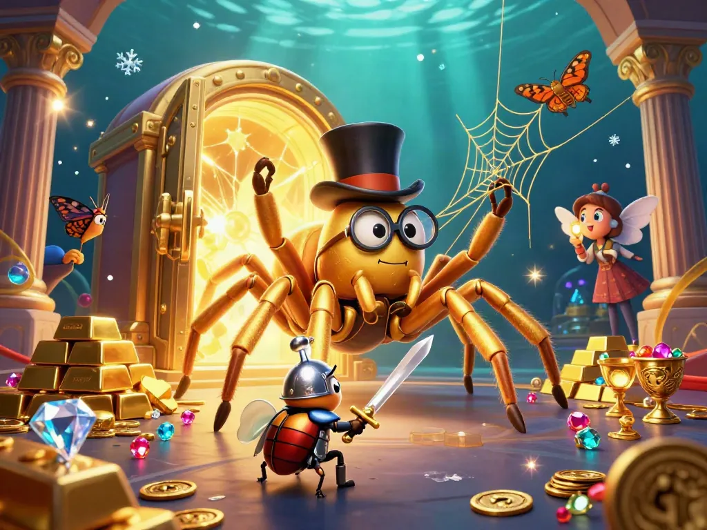 Experience the thrill of kèo nhà cái with a dazzling golden tarantula and fantasy elements in a lively casino.