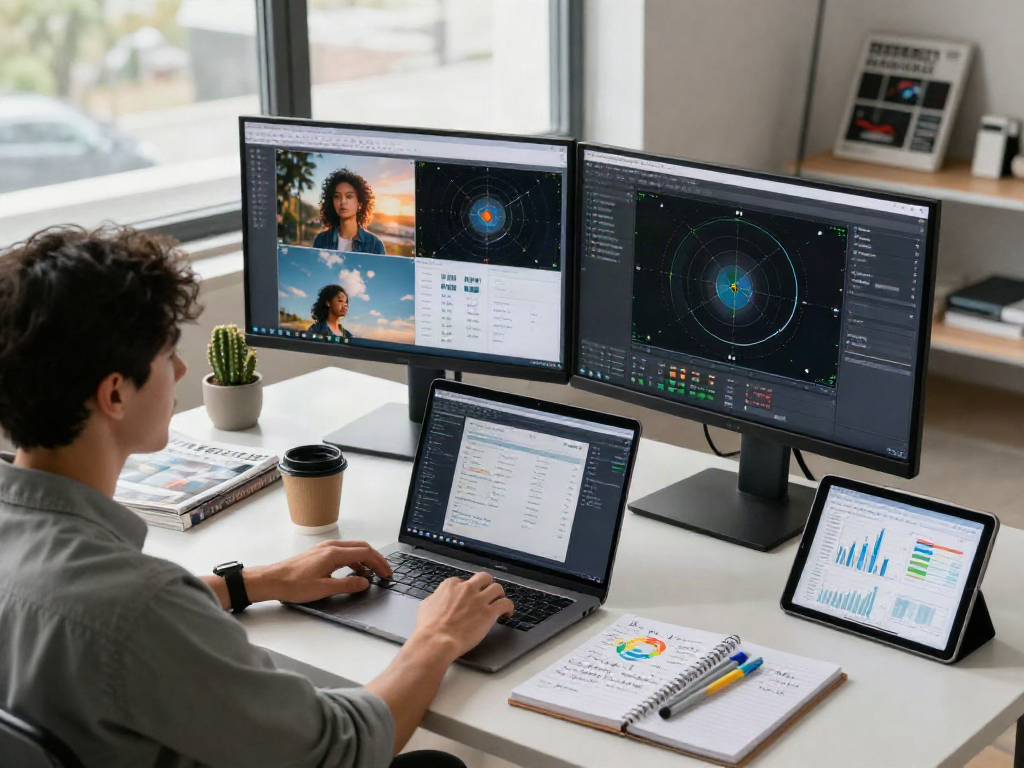 AI-Generated Image Detection analysis in a modern tech workspace with dual monitors and data visualizations.