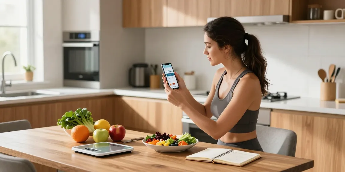Using the best calorie tracker in a bright kitchen to log a healthy meal.