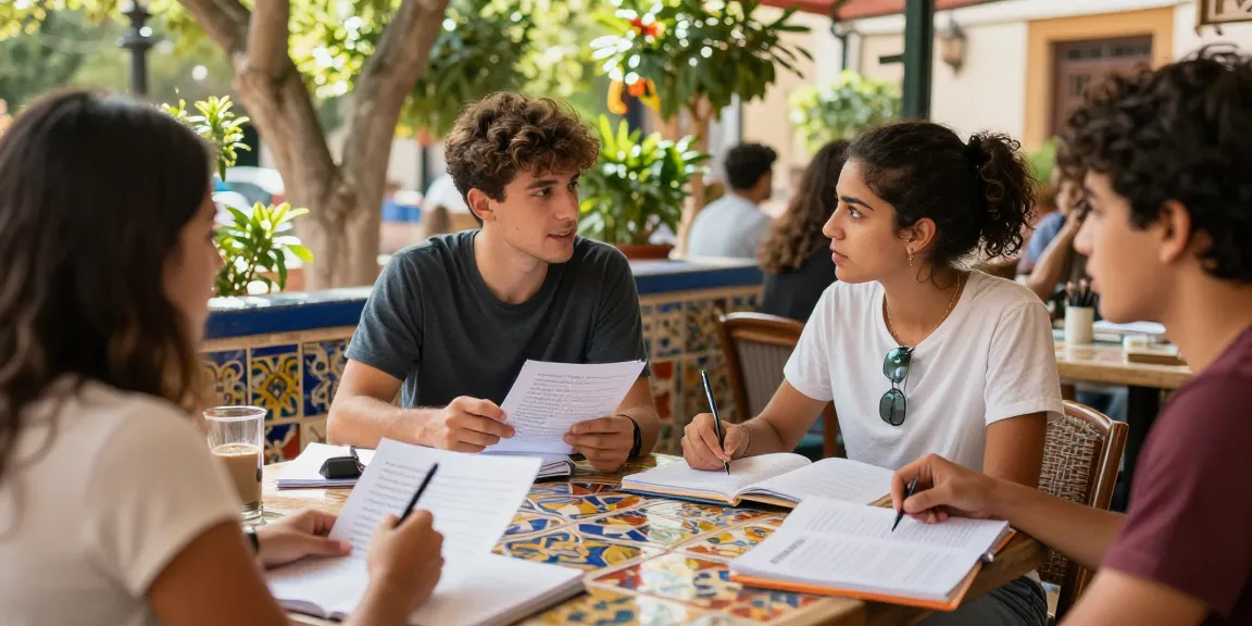 Participando en cursos de español en España con estudiantes locales en un café pintoresco.