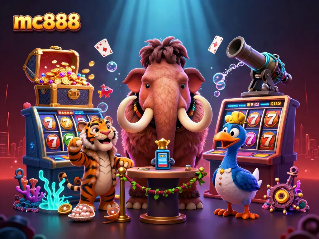 mc888 menghadirkan bouncer gajah berbulu dan tamu VIP yang merayakan jackpot slot dalam suasana kasino yang ceria.