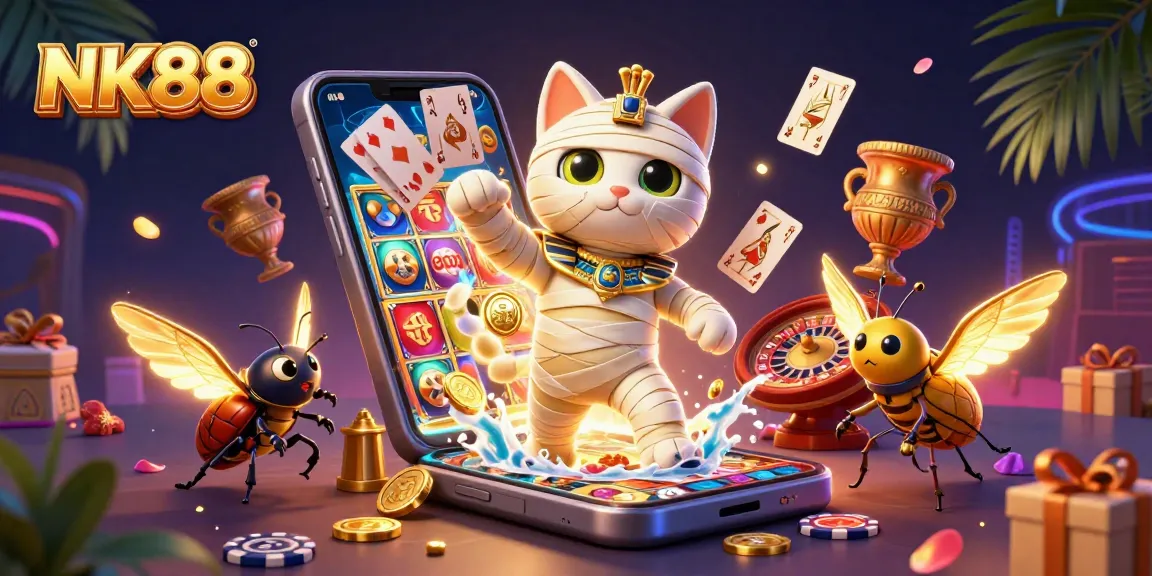 Immerse in the NK88 casino experience with a vibrant illustration featuring an Egyptian mummy cat and gaming elements.