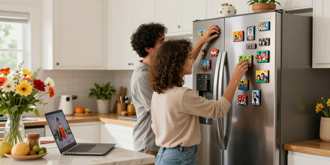 Creating custom magnets with vibrant family photos in a bright kitchen.