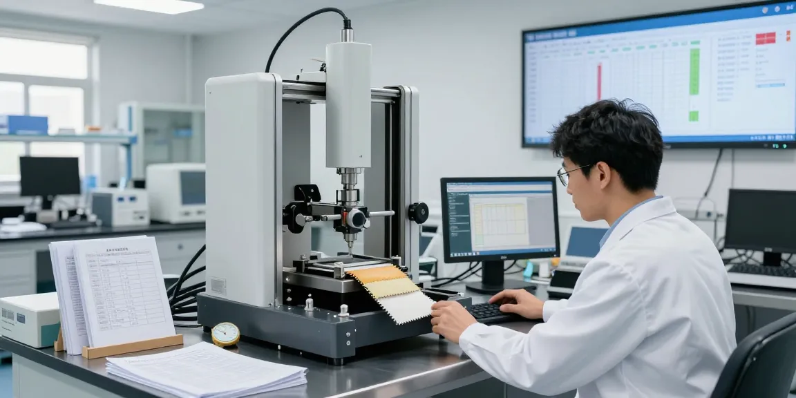 Single column tensile tester performing precise fabric strength measurements in a modern testing lab.