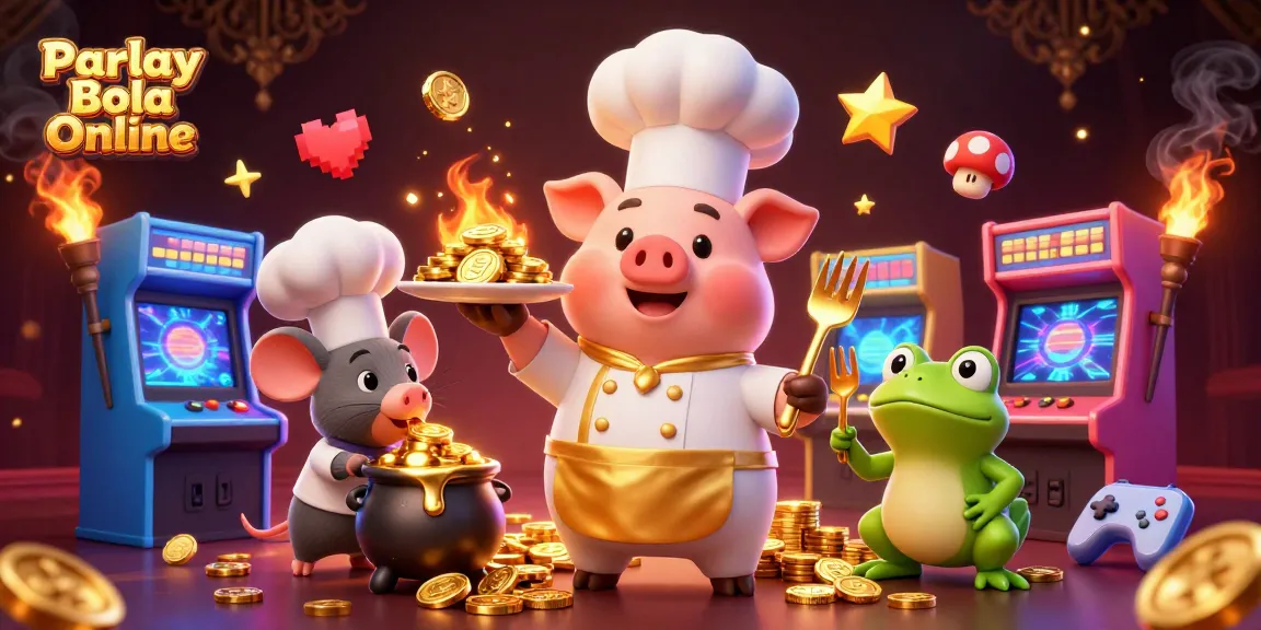 Experience thrilling Parlay Bola Online action with a chef pig serving gold coins in a vibrant casino scene.