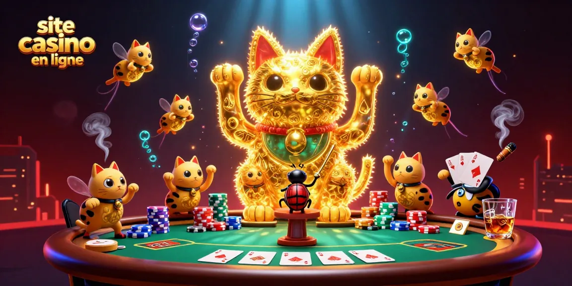 Découvrez un site casino en ligne avec un chat porte-bonheur animé et des éléments de poker.