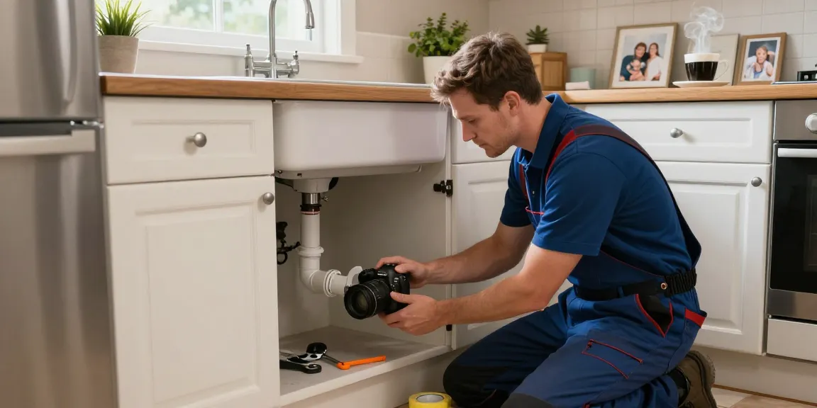 This page features an emergency plumber fixing a burst pipe under a kitchen sink, showcasing urgent professional support.