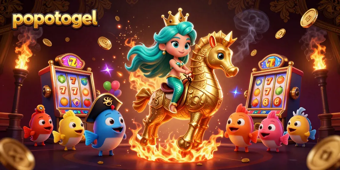 Engage with the popotogel slots experience in a captivating 3D digital illustration featuring vibrant characters and elements.