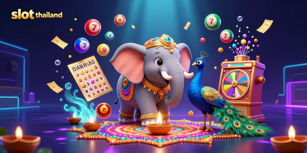 Engage with vibrant slot thailand action featuring a majestic elephant, colorful symbols, and golden promotions.
