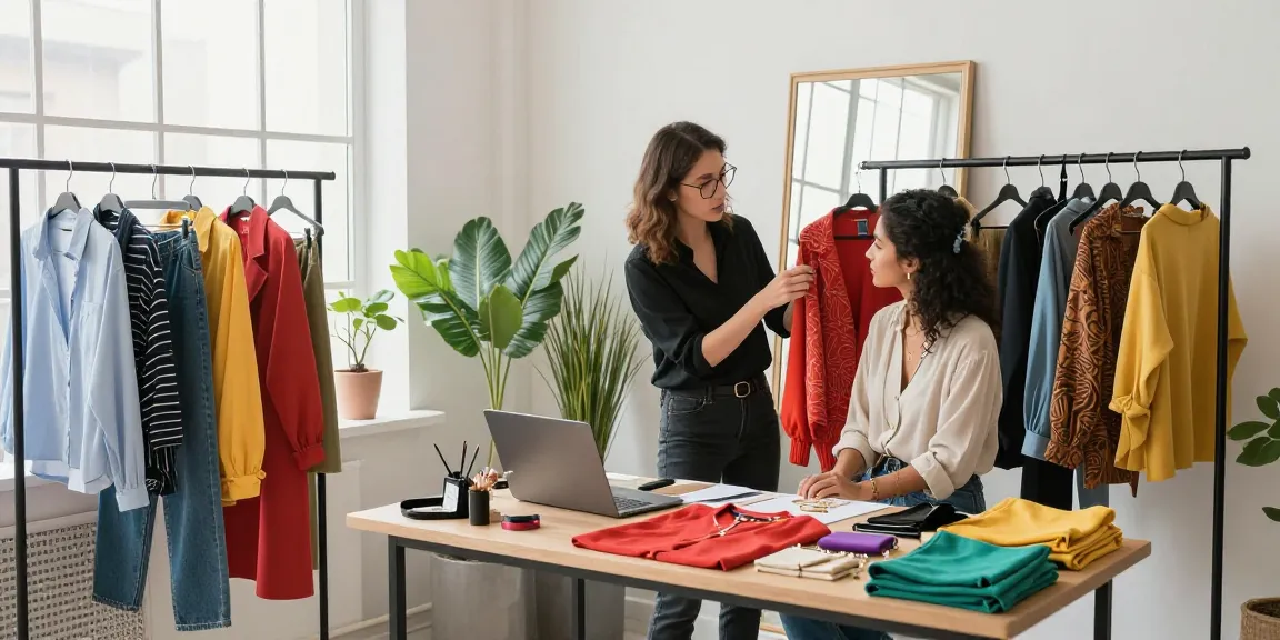 Consulenza di personal shopping con cliente in un ambiente chic, mentre esplorano outfit e accessori per valorizzare la bellezza naturale.