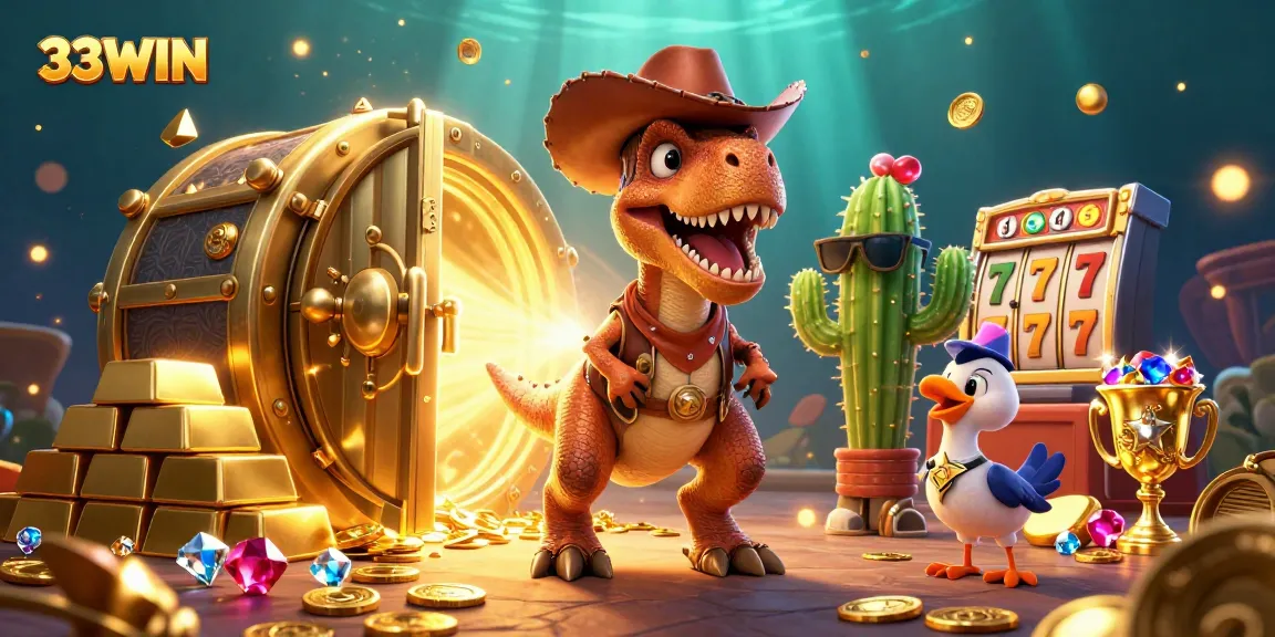 Win big with 33WIN in a vibrant, action-packed casino illustration featuring exciting game elements.