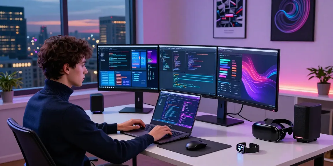 Developer in a modern workspace coding on large monitors at teiegramin.com