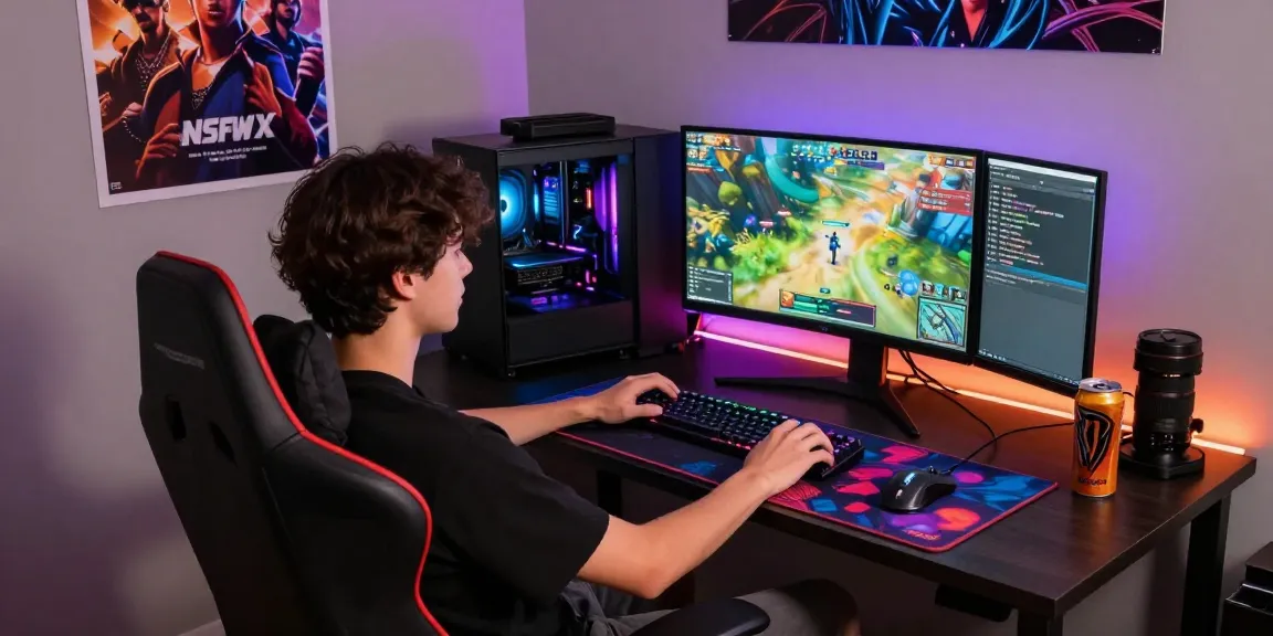 Experience playing an nsfw game on a high-end setup with vibrant graphics and gaming peripherals.