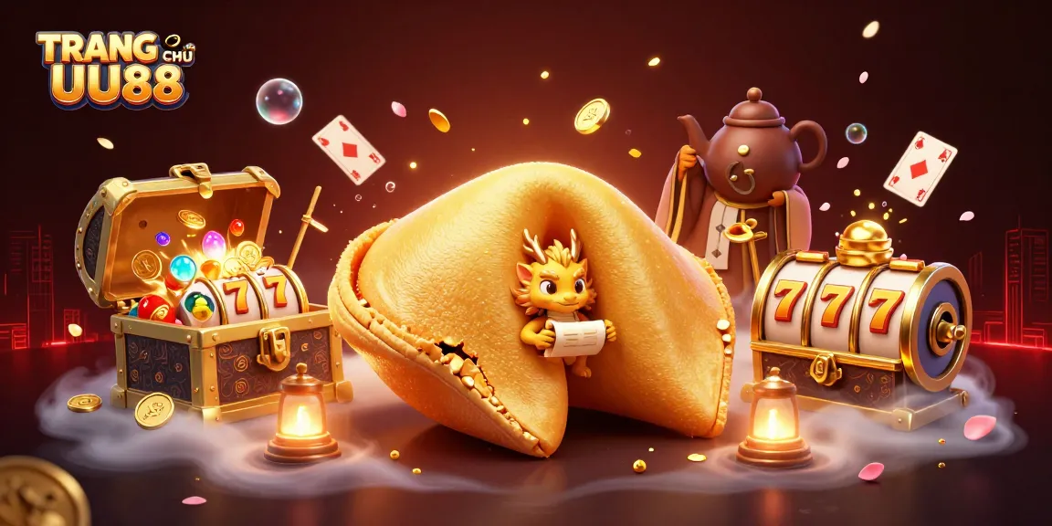 Engage in thrilling gameplay on TRANG CHỦ UU88 with slot reels, golden treasures, and vibrant characters.