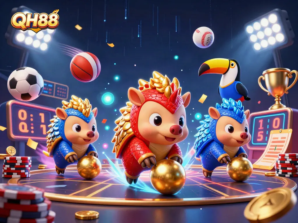 Experience thrilling gameplay with QH88 as rival pangolins roll gold and poker chips in a vibrant casino scene.