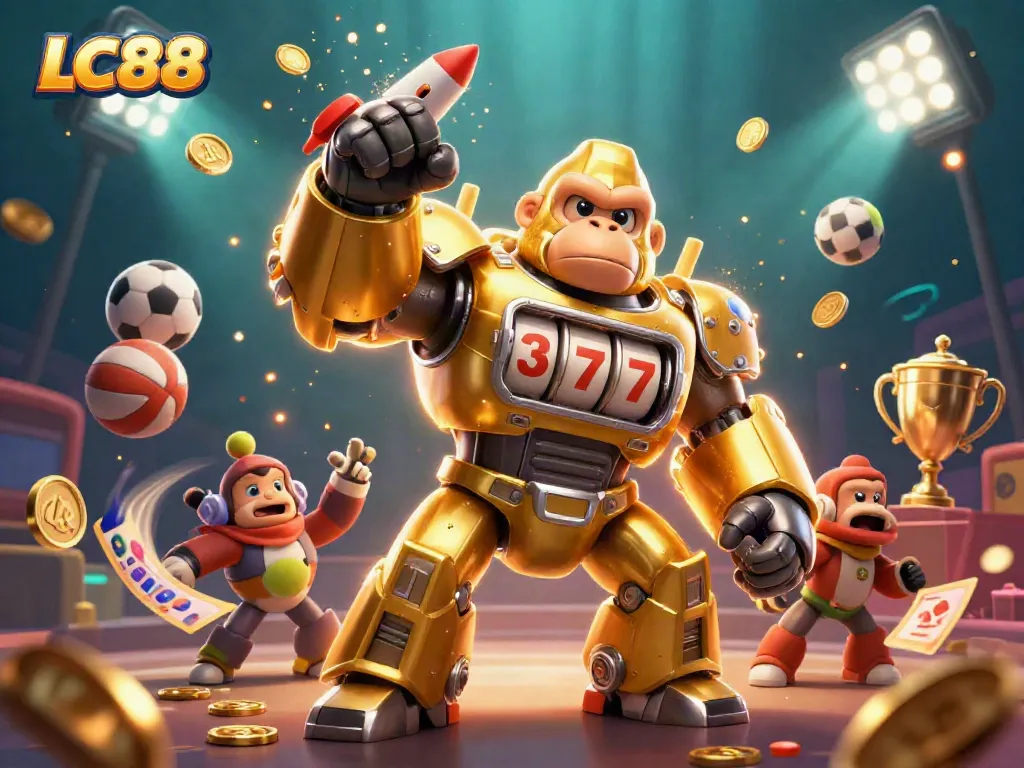 LC88 gaming scene with a transformer-style gorilla mech, sports elements, and vibrant gold coins.