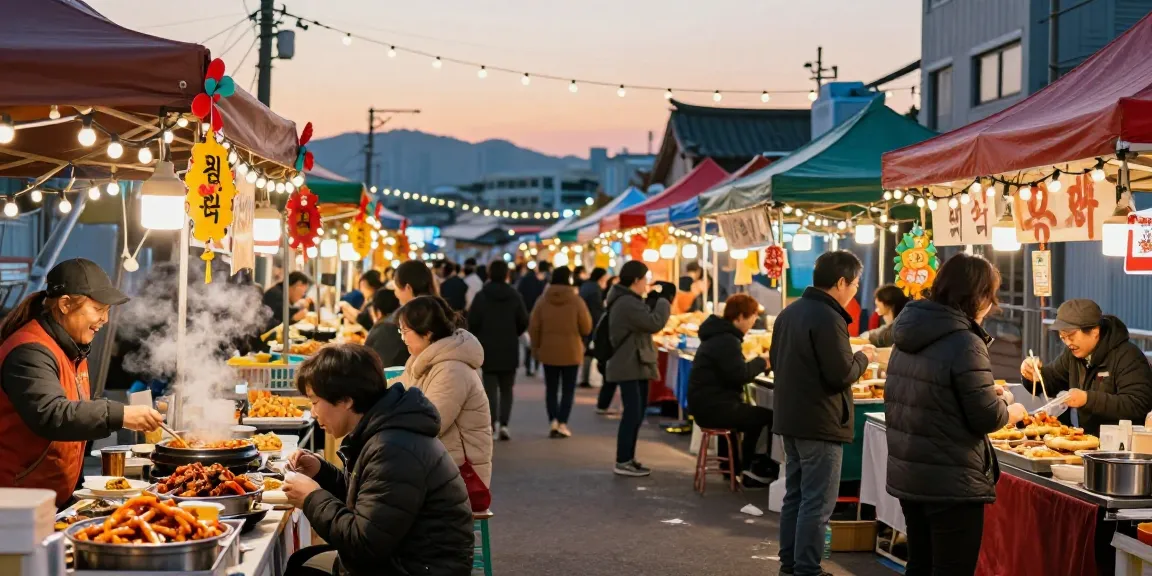 울산OP를 즐기는 사람들, 야외 시장에서 음식과 대화가 어우러진 따뜻한 저녁 풍경