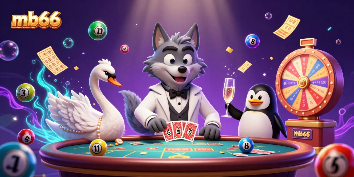 Engage with mb66, featuring a debonair wolf, elegant swan, and sophisticated penguin in a vibrant casino scene
