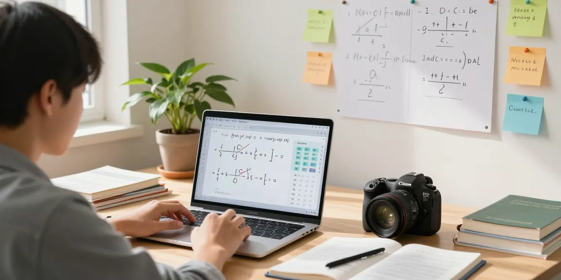 Student using an integral calculator for calculus problems in a bright study room.