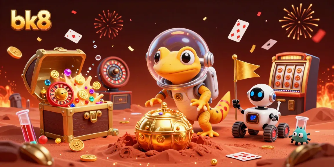 Experience thrilling gaming adventures at bk8 with a dynamic scene showcasing a Martian gecko discovering a golden casino.